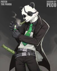  1boy absurdres agent_patch_(fortnite) animal_ears artist_name black_fur black_pants black_suit character_name english_commentary english_text fortnite furry furry_male green_necktie highres holding holding_lighter lighter looking_at_viewer male_focus multicolored_fur necktie one_eye_closed panda_boy panda_ears panda_tail pants peco2057 sheath sheathed shirt suit white_fur white_shirt 