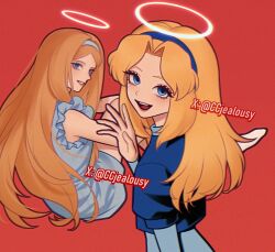  2girls blonde_hair blue_dress blue_eyes blue_hairband blue_jacket chinese_commentary commentary_request czy_(2894456992) dress dual_persona hairband halo jacket layered_sleeves long_hair long_sleeves maria_robotnik multiple_girls open_mouth red_background short_dress short_over_long_sleeves short_sleeves sitting smile sonic_(live_action) sonic_(series) sonic_adventure_2 sonic_the_hedgehog_3_(movie) twitter_username very_long_hair watermark waving 