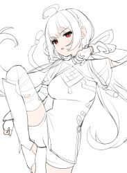  ahoge arm_guards bandages bike_shorts chinese_clothes commentary_request highres lineart low_twintails nikukue red_eyes shin_guards starward thighs twintails xiaoling_(starward) 