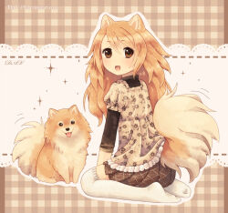  1girl :d animal animal_ears blonde_hair blush brown_eyes brown_shirt brown_skirt brown_theme choco_girl commentary dav-19 dog dog_ears dog_tail english_commentary floral_print_shirt fluffy lace long_hair looking_at_viewer momoko_(dav-19) no_shoes original outline pomeranian_(dog) pompon_(dav-19) seiza shirt sitting skirt smile solo tail thigh-highs web_address white_outline white_thighhighs 