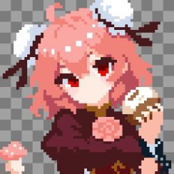  1girl bandages blush breasts bun_cover commentary_request cuffs double_bun flower hair_bun highres ibaraki_kasen looking_at_viewer medium_breasts pink_eyes pink_hair pixel_art red_eyes rose short_hair skirt solo tabard takeez3 touhou 