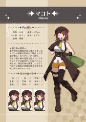  1girl ;d ^_^ absurdres bag black_thighhighs blush boots breasts brown_boots brown_gloves brown_hair brown_hat character_name character_profile closed_eyes collared_shirt commentary_request fanged_bangs flipped_sidelocks frown full_body gloves green_bag green_eyes hand_up hat highres holding holding_bag knee_boots looking_at_viewer medium_breasts medium_hair multiple_expressions necktie one_eye_closed open_mouth orange_shorts original parted_bangs pekaso1118n reference_sheet shirt shorts shoulder_bag sleeveless sleeveless_shirt smile solo standing standing_on_one_leg thigh-highs thigh_strap translation_request v white_shirt yellow_necktie 