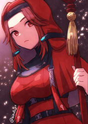 1girl breasts chest_harness coat commentary_request dress duplicate dutch_angle harness hat heaven_burns_red holding large_breasts long_hair long_sleeves looking_at_viewer maria_de_angelis nun pixel-perfect_duplicate red_dress red_eyes red_hair red_veil solo toyatopa twitter_username upper_body veil 
