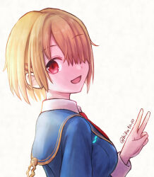  1girl brown_hair commentary_request from_behind from_side hair_ornament hair_over_one_eye hairpin heaven_burns_red highres kayamori_ruka looking_back necktie one_eye_covered open_mouth red_eyes red_necktie simple_background toyatopa twitter_username upper_body v white_background 