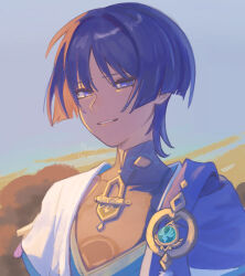  1boy anemo_symbol_(genshin_impact) aqua_gem artist_name blue_kimono blue_sky blue_sleeves blunt_ends cape choppy_bangs clear_sky clouds cloudy_sky commentary_request covered_collarbone dusk gem genshin_impact gold highres japanese_clothes juban kimono layered_sleeves male_focus mandarin_collar nonoji_(nonoji_ekaki) open_clothes open_kimono outdoors parted_lips pom_pom_(clothes) portrait purple_cape purple_hair purple_rope rope scaramouche_(genshin_impact) short_sleeves shoulder_peek side_cape sidelighting sky solo tsurime violet_eyes wanderer_(genshin_impact) white_kimono white_mouth white_sleeves 