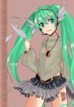  aqua_eyes bad_id barcode feathers green_hair grin hatsune_miku headphones headset jewelry long_hair necklace r_m_t_s skirt smile solo twintails very_long_hair vocaloid 