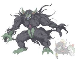  1boy 1girl :> avocado_539 black_hair blue_tongue bow brushing_another's_hair brushing_hair colored_skin colored_tongue fangs full_body green_skin grimmsnarl kirlia looking_at_viewer musical_note open_mouth pokemon pokemon_(creature) red_bow red_eyes simple_background solo_focus standing togepi white_background yellow_bow 