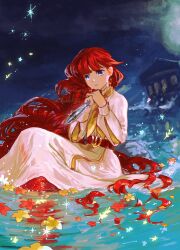  1girl absurdres belt blue_eyes building choroi_amachori commentary_request crying crying_with_eyes_open dress earrings flower flower_on_liquid full_body hands_up highres holding holding_knife jewelry knife lala_(sayonara_lara) long_hair long_sleeves looking_to_the_side merfolk mermaid monster_girl night orange_flower outdoors parted_lips partially_submerged puffy_long_sleeves puffy_sleeves red_belt red_flower red_hair sayonara_lara single_tear sitting solo tears twitter_username very_long_hair water white_dress yellow_flower 