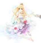  bare_shoulders blonde_hair blue_eyes bridal_veil bride crown dress flower gloves hand_holding high_heels holding_hands jewelry long_hair macross macross_frontier mooche necklace pantyhose ring sheryl_nome shoes shoes_off shoes_removed single_earring sitting sleeveless smile solo strapless_dress veil wedding_dress white_gloves 