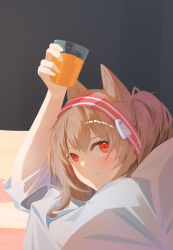  1girl absurdres angelina_(arknights) animal_ears aoarashi_ran arknights brown_hair closed_mouth commentary cup drink fox_ears fox_girl hairband highres holding holding_cup holding_drink jacket looking_at_viewer multicolored_hairband red_eyes red_hairband smile solo striped_clothes striped_hairband twintails two-tone_hairband white_jacket 
