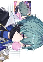  1boy armor belt belt_collar black_belt black_gloves blowing_bubble_gum blue_shirt chewing chewing_gum choker coat collar collared_shirt earrings genshin_impact gloves green_hair grid grid_background hair_between_eyes hand_on_own_face highres hoooooon1099 jewelry lohen_(genshin_impact) long_sleeves looking_at_viewer male_focus mole mole_under_eye multicolored_eyes official_art_inset shirt short_hair shoulder_armor single_earring solo solo_focus upper_body white_background 