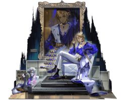  1girl artist_request belt beret black_socks blonde_hair blue_choker blue_gem blue_gloves blue_hat blue_shirt blue_shoes brooch camera canvas_(object) chair champagne_coupe champagne_tower choker collarbone crossed_legs cup dagger drinking_glass earrings flat_chest gem gloves gold_belt hat highres holding holding_cup holding_dagger holding_knife holding_weapon jewelry knife long_sleeves magnifying_glass marble_(stone) marble_sculpture mcqueen_(path_to_nowhere) mole mole_on_collarbone necklace official_art paintbrush pants path_to_nowhere pearl_necklace planted planted_knife puffy_long_sleeves puffy_sleeves self-portrait_(object) shirt shoes sitting socks vase weapon white_fur white_pants yellow-framed_eyewear yellow_eyes 