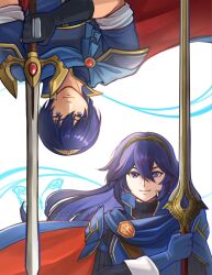  1boy 1girl armor blue_cape blue_eyes blue_hair blue_shirt breastplate cape english_commentary falchion_(fire_emblem) fire_emblem fire_emblem:_shadow_dragon fire_emblem_awakening flamingo_(eme324) highres holding holding_sword holding_weapon looking_at_viewer lucina_(fire_emblem) marth_(fire_emblem) shirt shoulder_armor sword tiara upside-down weapon 