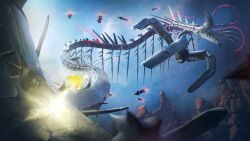  1boy 2204design 3d battle blender_(medium) clouds commentary english_commentary explosion firing flying gloves glowing highres mecha missile no_humans non-humanoid_robot red_shoes robot rocket science_fiction sharp_teeth shoes sky sonic_(series) sonic_frontiers sonic_the_hedgehog spikes super_sonic teeth weapon white_gloves wyvern_(sonic_frontiers) 