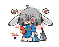  1girl animal_ears black-framed_eyewear blue_shirt blue_socks boned_meat broken_heart carrot chibi cleaver commentary_request ears_down fang flying_sweatdrops food full_body glasses grey_hair heart highres holding holding_food meat open_mouth original pink_background rabbit_ears rabbit_girl rabbit_tail red_eyes ringed_eyes sea_urchin shirt short_eyebrows short_sleeves socks solo sparkle spoken_food tail thick_eyebrows two-tone_background uni_souchou vorpal_bunny white_background 