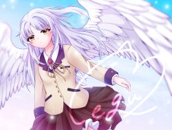  1girl angel angel_beats! angel_wings black_skirt blue_sky buttons closed_mouth collared_shirt commentary_request cowboy_shot day dress_shirt dutch_angle eyes_visible_through_hair feathered_wings floating_clothes floating_hair frown hair_intakes highres jacket light_particles long_hair long_sleeves looking_at_viewer megu_clover miniskirt neck_ribbon outdoors parted_bangs pleated_skirt ribbon school_uniform shirt sidelocks signature skirt sky solo split_mouth tachibana_kanade white_hair white_shirt white_wings wings yellow_eyes yellow_jacket yellow_pupils yellow_ribbon 