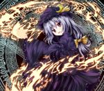  alternate_color blue_hair burning_hand burning_hands crescent dress fire hair_ribbon hat long_hair magic magic_circle open_mouth patchouli_knowledge purple_dress purple_eyes ribbon solo tamago_gohan touhou violet_eyes 