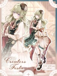 1girl blush bow braid canop_s chain closed_mouth cuffs dress evening_gown eyebrows_visible_through_hair frills green_hair hair_ornament half_up_braid hat head_tilt high_heels highres holding holding_strap juliet_sleeves kusanagi_nene leg_up light_smile long_hair long_sleeves looking_at_viewer messenger_bag orange_bow original project_sekai puffy_long_sleeves puffy_sleeves purple_eyes smile solo sparkle