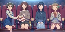  +_+ 3s_(tarariko) 4girls 5girls bare_shoulders black_hair black_shorts blue_overalls blue_shorts blue_skirt blush bow brown_eyes brown_hair brown_shorts closed_mouth collarbone commentary cup disposable_cup drinking_straw eating food grey_shirt hair_bow hair_ornament hairclip hibike!_euphonium highres holding katou_hazuki kawashima_sapphire kousaka_reina long_hair long_sleeves movie_theater multiple_girls off-shoulder_shirt off_shoulder open_mouth oumae_kumiko overall_shorts overalls popcorn shirt short_hair shorts sitting skirt smile soda symbol-shaped_pupils theater theater_seating untranslatable_commentary violet_eyes watching_movie white_shirt 