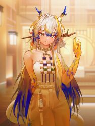  1girl absurdres arknights arm_behind_back bare_arms bare_shoulders blonde_hair blue_hair blue_horns branch_in_hair breasts closed_mouth collarbone colored_extremities commentary cowboy_shot dragon_girl dragon_horns dragon_tail earrings eastern_dragon_horns eastern_dragon_tail eyeliner green_eyes grey_hair hair_between_eyes hair_intakes hand_up head_tilt highres horns jewelry looking_at_viewer makeup multicolored_hair multicolored_horns necklace nikov orange_eyeliner shirt shu_(arknights) small_breasts smile solo strapless strapless_shirt tail tube_top white_tube_top yellow_hands yellow_horns 