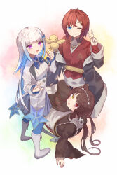  3girls :3 :d absurdres ange_katrina ange_katrina_(1st_costume) animal_ears animal_hair_ornament arm_support bird black_coat blue_eyes blue_hair blue_neckerchief blue_thighhighs blush boots breasts brown_hair brown_kimono cardigan closed_mouth coat collared_shrug colored_inner_hair colorful_background commentary_request crossed_bangs dog_ears flower frilled_skirt frilled_sleeves frills grey_skirt group_picture hair_flower hair_intakes hair_ornament hand_up heterochromia high-waist_skirt highres inui_toko inui_toko_(1st_costume) japanese_clothes kimono layered_skirt lize_helesta lize_helesta_(1st_costume) long_hair long_sleeves looking_at_viewer low_twintails maid_headdress medium_hair miniskirt multicolored_hair multiple_girls neckerchief nijisanji off_shoulder one_eye_closed open_hand open_mouth pleated_skirt red_cardigan red_eyes red_hair sanbaka_(nijisanji) sebastian_piyodore shirt shirt_tucked_in shrug_(clothing) sidelocks sitting skirt small_breasts smile standing streaked_hair take_666 thigh-highs triangle_hair_ornament twintails two-tone_hair v very_long_hair violet_eyes virtual_youtuber w white_boots white_hair white_headdress white_shirt white_shrug white_skirt yellow_bird yellow_eyes 
