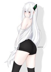  1girl absurdres artist_name ass bare_shoulders black_shorts blush breasts brown_eyes butterfly_hair_ornament closed_mouth colored_eyelashes echidna_(re:zero) hair_ornament highres long_hair re:zero_kara_hajimeru_isekai_seikatsu sephtis shadow shirt shorts simple_background solo thigh-highs thighs very_long_hair white_background white_hair white_shirt 
