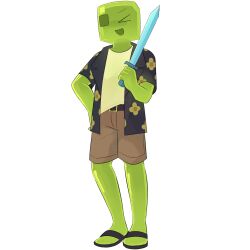  1boy ;d averythemayo belt cargo_shorts colored_skin creekdealer floral_print green_skin grin hand_on_own_hip hawaiian_shirt highres holding holding_sword holding_weapon male_focus monster_boy one_eye_closed over_shoulder sandals searching_for_a_world_that_doesn't_exist shirt shorts slime_boy smile solo sword undershirt weapon weapon_over_shoulder white_shirt 