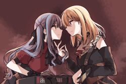  2girls bang_dream! bang_dream!_it's_mygo!!!!! black_corset black_dress black_ribbon blonde_hair blue_hair brown_corset clipe closed_mouth commentary_request corset doloris_(bang_dream!) dress electric_guitar guitar guitar_strap hair_ribbon instrument keyboard_(instrument) long_hair misumi_uika multiple_girls oblivionis_(bang_dream!) one_eye_closed playing_instrument red_shirt ribbon shirt sidelocks togawa_sakiko two_side_up violet_eyes yellow_eyes yuri 