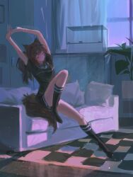  1girl absurdres angelina_(arknights) animal_ears arknights arms_up black_shirt black_shorts black_socks brown_hair chinese_commentary chun_baishui commentary_request couch curtains fox_ears fox_girl fox_tail hairband highres indoors kneehighs long_hair long_legs multicolored_hairband on_couch plant plantar_flexion potted_plant red_hairband rug see-through_curtains shirt short_shorts shorts sitting smile socks solo stretching striped_clothes striped_hairband tail two-tone_hairband window 