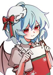  1girl ascot bat_wings blue_hair bow commentary_request green_bow hair_between_eyes hat hat_bow highres holding holding_sock holding_unworn_clothes illust_atelier3 medium_hair mob_cap one-hour_drawing_challenge puffy_short_sleeves puffy_sleeves red_ascot red_bow red_eyes remilia_scarlet shirt short_sleeves socks solo touhou two-tone_bow unworn_socks upper_body white_hat white_shirt wings 