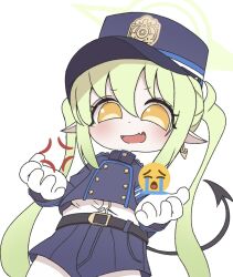 1girl 67_(meme) anger_vein ayo5108 belt blue_archive buttons crying demon_tail earrings emoji fang flat_chest gloves green_hair hair_between_eyes halo hat highres jewelry loli long_sleeves meme nose nozomi_(blue_archive) open_mouth pointy_ears shirt shorts sidelocks smile tail tears thigh-highs twintails uohhhhhhhhh!_(meme) white_background white_shirt white_thighhighs yellow_eyes