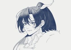  1boy cheng_heguang clenched_teeth grey_background greyscale hair_between_eyes long_hair looking_at_viewer male_focus milmil7 monochrome ponytail portrait reverse:1999 solo teeth v-shaped_eyebrows 