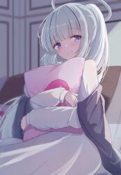  1girl absurdres blue_archive closed_mouth commentary_request commission dress halo highres hugging_object indoors long_hair looking_at_viewer mashiro281 mechanical_halo noa_(blue_archive) noa_(pajamas)_(blue_archive) pajamas pillow pillow_hug pink_pillow pixiv_commission ponytail purple_shawl shawl sitting smile solo violet_eyes white_dress white_hair white_halo yes-no_pillow 