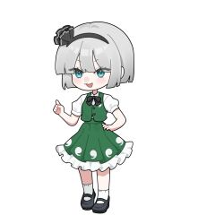  1girl black_bow black_bowtie black_hairband black_shoes blue_eyes blush bow bowtie collared_shirt commentary frilled_skirt frills full_body green_skirt green_vest grey_hair hairband hand_on_own_hip highres hitodama_print konpaku_youmu looking_at_viewer mary_janes mokou_cooking open_mouth pleated_skirt shirt shoes simple_background skirt skirt_set smile socks solo touhou vest white_background white_shirt white_socks 