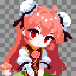  1girl bandaged_arm bandages blush bun_cover commentary_request cuffs double_bun flower hair_bun highres ibaraki_kasen looking_at_viewer pink_hair pixel_art red_eyes rose short_hair short_sleeves skirt solo tabard takeez3 touhou 