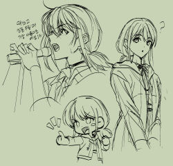  1girl ? chibi choker commentary_request girls_band_cry highres holding holding_microphone hood hood_down hoodie iseri_nina korean_commentary korean_text low_twintails microphone monochrome nagseojang open_mouth outline pink_outline short_hair short_twintails sweatdrop translation_request twintails 