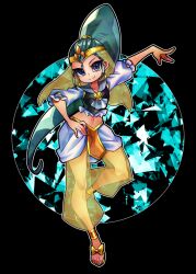  1girl black_background blue_eyes blue_hair bow closed_mouth commentary_request cure_nile earrings english_commentary footwear_bow hand_on_own_hip happinesscharge_precure! harem_pants international_precure jewelry magical_girl midriff mixed-language_commentary navel pants ponytail precure sandals see-through_clothes see-through_pants senmu_(0107) simple_background smile solo tiara yellow_bow 