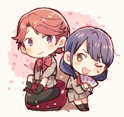  2girls :d black_socks blue_hair blush border bow bowtie brown_shoes chibi chibi_only closed_mouth collared_shirt commentary_request curtained_hair falling_petals film_grain full_body grey_jacket grey_skirt hanayagi_kaoruko hand_fan hand_on_own_hip helmet holding holding_fan irregular_border isurugi_futaba jacket kneehighs leaning_on_object long_sleeves looking_at_another looking_to_the_side medium_hair motorcycle_helmet multiple_girls one_eye_closed open_clothes open_jacket open_mouth outside_border oversized_object parted_bangs petals pink_background pink_hair pink_petals pleated_skirt red_bow red_bowtie school_uniform seisho_music_academy_school_uniform shirt shoes shoujo_kageki_revue_starlight sideways_glance sitting sitting_on_object skirt small_sweatdrop smile socks standing taneda_yuuta v_arms violet_eyes white_border white_shirt yellow_eyes 