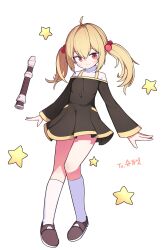  1girl absurdres ahoge black_dress blonde_hair brown_shoes closed_mouth commentary_request commission double-parted_bangs dress flute full_body hair_between_eyes hair_bobbles hair_ornament hh highres instrument long_hair long_sleeves looking_at_viewer original red_eyes shoes short_dress simple_background smile socks solo star_(symbol) twintails white_background white_socks 