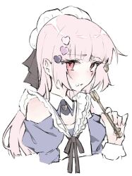  1other akiyama_mizuki apron bare_shoulders beret black_ribbon blunt_bangs blunt_ends blush checkerboard_cookie_hair_ornament collar commentary cookie_hair_ornament cropped_torso detached_collar dress empty_eyes flat_chest food-themed_hair_ornament fork frilled_apron frills funsai_seyo!_unvalentine_no_fukushuu_(project_sekai) furanlokb furrowed_brow hair_ornament hat hat_ribbon heart heart_hair_ornament holding holding_fork juliet_sleeves long_hair long_sleeves looking_at_viewer neck_ribbon off-shoulder_dress off_shoulder official_alternate_costume official_alternate_hairstyle open_mouth other_focus pink_eyes pink_hair project_sekai puffy_sleeves purple_dress purple_trim ribbon shoulder_blush simple_background solo untranslatable_commentary white_apron white_background white_collar white_hat 
