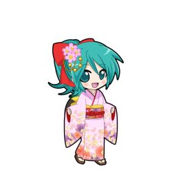 1girl :d aqua_eyes aqua_hair black_outline blush bow chibi chibi_only floral_print flower full_body game_asset hair_between_eyes hair_bow hair_flower hair_ornament hair_rings hatsune_miku hatsune_miku_graphy_collection japanese_clothes kimono long_hair long_sleeves looking_at_viewer obi obiage obijime open_mouth outline pinching_sleeves pink_kimono red_bow sandals sash smile solo standing tabi transparent_background vocaloid zouri 