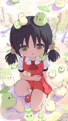 1girl absurdres animal_on_head ascot baby_animal bird black_hair brown_eyes chick dress from_above full_body highres kaai_yuki kou_koufu looking_at_viewer mary_janes medium_hair mole mole_under_eye on_head on_one_knee pinafore_dress plaid_ascot plaid_clothes red_ascot red_dress red_shoes shirt shoes sleeveless sleeveless_dress socks solo twintails vocaloid white_shirt white_socks 