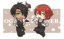  2boys :d apron aragami_oga black_apron black_gloves black_pants black_vest brown_background brown_hair chibi chibi_only collared_shirt commentary_request dark-skinned_male dark_skin demon_horns earrings eyepatch flower gloves green_eyes grey_shirt hair_flower hair_ornament hairclip half_updo hanasaki_miyabi hand_on_own_hip highres holostars horns jewelry male_focus mioto_(tsubsq_m) multiple_boys necktie open_mouth pants pink_flower red_hair sharp_teeth shirt short_hair single_horn sleeves_rolled_up smile teeth vest virtual_youtuber waist_apron white_flower white_necktie yellow_eyes 