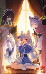  4girls :d ^_^ absurdres animal_ears apron black_dress black_hair black_shoes blue_capelet blue_dress blue_hair blue_overskirt brushing_another's_hair brushing_hair capelet cat_ears cat_girl cat_tail ci_wen_jian_bu_cun_zai closed_eyes curtains dress hair_brush highres holding holding_another's_hair holding_hair_brush holding_mirror holding_unworn_clothes holding_unworn_dress indoors leaning_forward long_hair long_sleeves looking_at_viewer maid maid_apron maid_headdress mary_janes mirror multicolored_hair multiple_girls on_ground open_mouth original puffy_long_sleeves puffy_sleeves purple_hair shoes sitting smile standing sunlight tail two-tone_hair unworn_dress white_dress white_hair yellow_eyes 