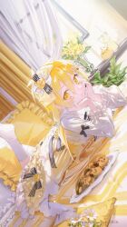  1girl blonde_hair blouse blush bow closed_mouth commentary cookie curtains dress dutch_angle fang flower food frilled_dress frilled_pillow frilled_sleeves frilled_socks frills hair_between_eyes hair_bow hair_ornament hairclip head_rest highres long_hair long_sleeves looking_at_viewer low_twintails lying on_bed on_stomach original pillow plant plate potted_plant shirt smile socks solo sunlight twintails two-tone_dress untranslatable_commentary white_socks window yellow_dress yellow_eyes yellow_nails yumeichigo_alice 