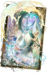  1boy absurdres bishounen blue_eyes cloak commentary fantasy finger_to_mouth glasses hat highres long_sleeves looking_at_viewer male_focus picture_frame qifrey_(tongari_boushi_no_atelier) shushing silly_chaotic solo tongari_boushi_no_atelier waves white_hair wizard_hat 