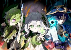 1boy 2girls ahoge aiming aiming_at_viewer anemo_symbol_(genshin_impact) arm_at_side armlet armpits arrow_(projectile) belt black_belt black_bodysuit black_bow black_dress black_hair black_shorts black_sleeves blue_cape blue_gem blue_hat blue_kimono blue_pupils blue_sleeves blunt_ends blurry bodysuit bow bow_(weapon) braid cape capelet closed_mouth collei_(genshin_impact) colored_inner_hair colored_tips commentary_request cross-shaped_pupils depth_of_field detached_sleeves drawing_bow dress eyelashes eyeliner feathers fire fringe-trimmed_capelet gem genshin_impact gold gold_trim green_capelet green_eyes green_gem green_hair grin hair_ornament half_crown_braid hands_up hat highres holding holding_bow_(weapon) holding_weapon japanese_clothes jewelry jingasa juban kimono layered_sleeves leaf leaf_hair_ornament long_hair makeup mandarin_collar multicolored_hair multiple_girls nahida_(genshin_impact) oden067 open_clothes open_hand open_kimono pink_eyes pointy_ears pom_pom_(clothes) purple_gem purple_hair purple_rope purple_sash red_eyeliner rope sash scaramouche_(genshin_impact) short_hair short_sleeves shorts shoulder_peek side_cape side_ponytail sidelocks smile streaked_hair sweatdrop symbol-shaped_pupils tareme teeth turtleneck turtleneck_dress violet_eyes vision_(genshin_impact) vortex wanderer_(genshin_impact) watermark weapon white_dress white_hair white_kimono white_sleeves white_trim yellow_feathers 