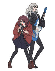  2girls belt black_jacket black_pants black_pantyhose blue_eyes blue_skirt brown_belt brown_hair brown_shoes clenched_teeth commentary_request electric_guitar full_body girls_band_cry grey_eyes grey_hair grey_hoodie guitar highres holding holding_microphone hood hood_down hooded_jacket hoodie instrument iseri_nina jacket kawaragi_momoka korean_commentary long_hair long_sleeves low_twintails microphone microphone_stand multiple_girls nagseojang open_clothes open_jacket open_mouth pants pantyhose pinky_out playing_guitar playing_instrument pleated_skirt red_jacket shirt shoes short_hair short_twintails sidelocks simple_background singing skirt teeth twintails white_background white_shirt 
