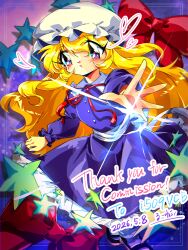  1girl :o back_bow bilingual_commentary black_shoes blonde_hair blue_background blush bow buttons collared_dress commentary commission commissioner_name commissioner_upload contrast_collar dated dress english_commentary frilled_dress frills full_body hat heart highres long_hair looking_at_viewer maribel_hearn mary_janes mixed-language_commentary mob_cap neck_ribbon outstretched_arm purple_background purple_dress red_bow red_ribbon retro_artstyle ribbon s_sya_rin shoes skeb_commission socks solo star_(symbol) thank_you touhou violet_eyes white_bow white_hat white_socks 