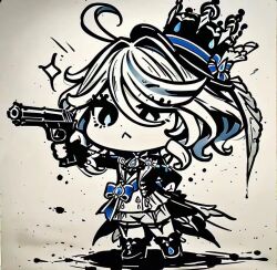 1girl ah_san furina_(genshin_impact) genshin_impact heterochromia medium_hair pistol